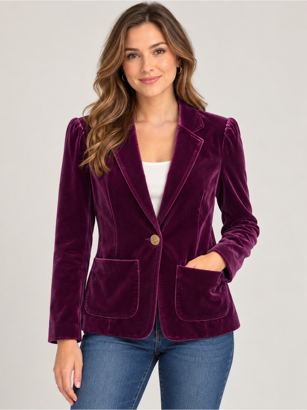 Draper James Velvet Blazer Jacket Size 8 Plum Purple Gold Button